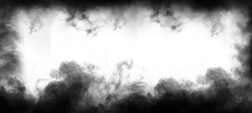 Dramatic swirling black smoke and ink create an abstract frame effect, offering a mysterious and intense border for creative design projects, overlays, or atmospheric digital backgrounds.
