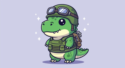 Cute Cartoon Dinosaur Soldier with Helmet and Backpack. © NFS Studio