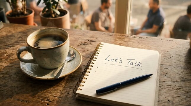 Open notebook with text lets talk, cup of coffee, pen on wooden table by window, discussing ideas and plans, promoting open communication, collaborative thinking