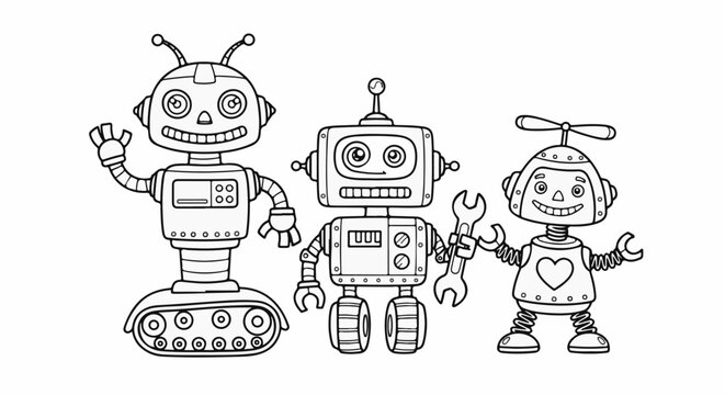 Three cartoon robots with big smiles and different features stand together
