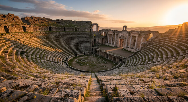 Ancient Roman amphitheater ruins in Perge Turkey at sunset with golden sunlight illuminating the stone architecture and seating