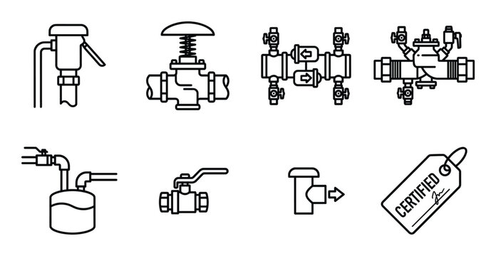 Various plumbing valves, filters, and fittings for water system control line art icons