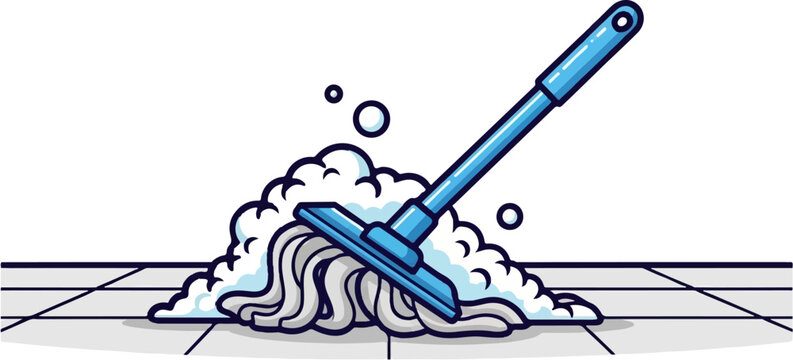 Blue mop with white strings and soap suds on tiled floor