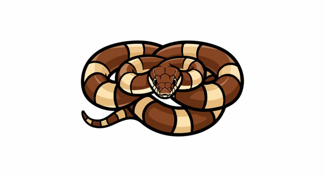 A coiled, cartoonish brown and tan banded snake looks forward