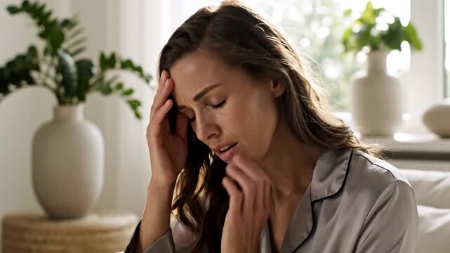 Woman in pajamas suffering from severe headache and jaw pain