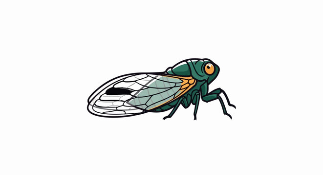 A stylized green cicada with orange eyes and translucent wings, viewed side-on