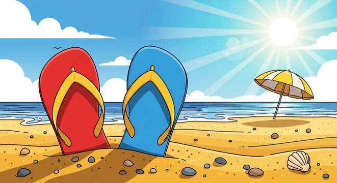 Colorful flip flops on sandy beach with umbrella sun