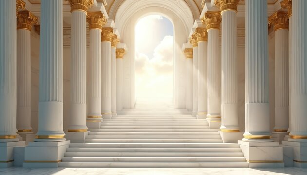 Grand white marble hall with golden columns leads to a bright sky staircase. Classical architecture suggests heaven or a divine palace. Endless stpic ascend towards clouds and bright sunlight.