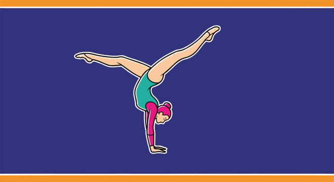 Female gymnast performing a handstand split on a purple background