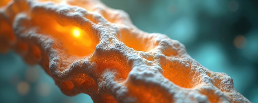 Microscopic view of forming bone structure. Cellular activity and collagen fibers create skeletal tissue with internal energy glow. Biology science research abstract.