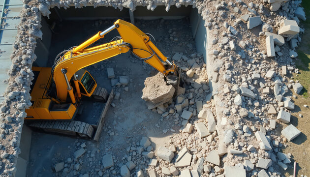 Yellow excavator digs rubble and concrete from demolished building. Heavy machine breaks down structure, debris piles up. Site work involves destruction and removal, urban renewal.