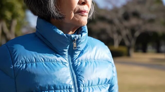 Senior woman wearing blue puffer jacket.