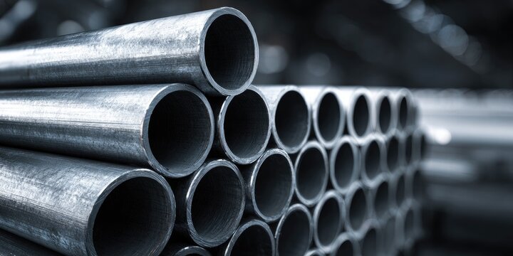 Stacked metal pipes in a factory, close-up, industrial material