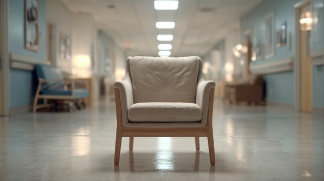 Medium shot centered on a lone chair designed for comfort in an understated crisis intervention room with softfocus surroundings emphasizing tranquility.