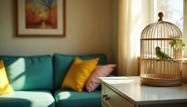 Green parakeet sits in round wooden cage near bright window. Living room interior with teal sofa and pillows. Sunlight creates shadows on furniture.