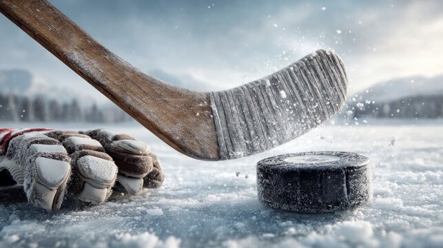 Dramatic Slapshot Scene Capturing a Hockey Puck and Stick in Action