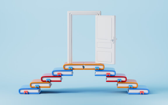 Cartoon books and opening door. The Door of Opportunity, Discovering important opportunities from learning or education. Knowledge for great success. Development concept. 3d rendering.