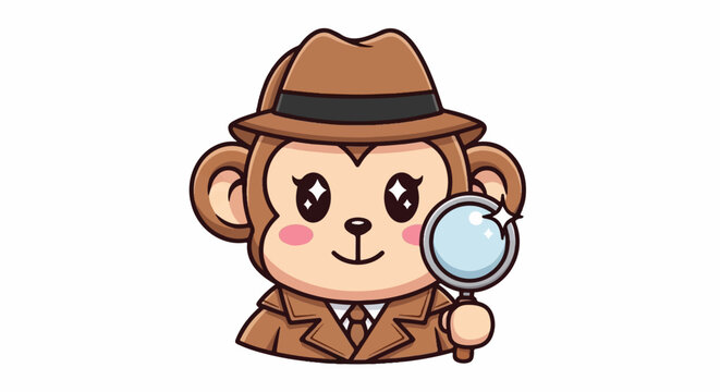 Cute cartoon monkey in detective outfit with magnifying glass and hat