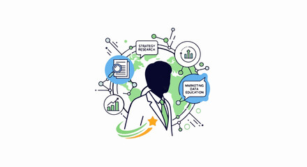 Obraz premium Silhouette of a man in a suit with abstract graphics representing data and strategy