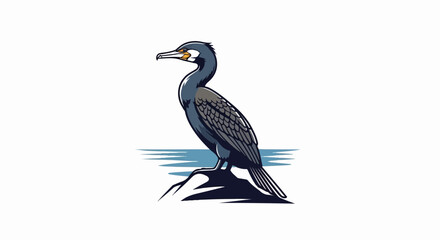 Obraz premium Artistic depiction of a cormorant bird resting by water on a rock