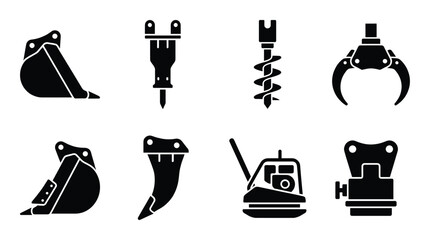 Construction tools icons bucket drill jackhammer claw attachment compactor soil tamper bulldozer blade © GoDesigner