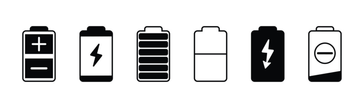 Battery icons set. Battery icon set &ndash; charging status collection. Battery level, energy, full. Power low up status batteries logo. Vector illustration 