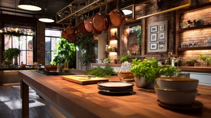 Fototapeta premium Spacious and Stylish Chef Kitchen Studio with Warm Overhead Lighting