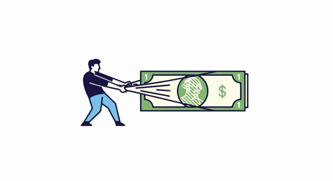 Man pulls on a dollar bill, stretching it