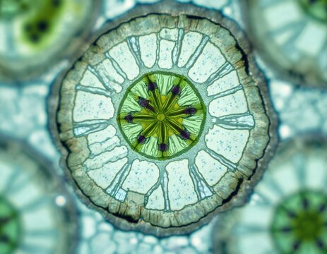 Microscopic view of plant stem cross section showing epidermal cells and vascular tissue. Detailed botanical structure visible under magnification for scientific research.