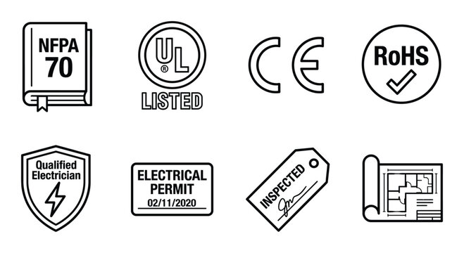 Electrical safety and compliance symbols including NFPA, UL, CE, RoHS and electrician