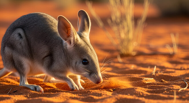 Australian bilby foraging for food in the red desert sand featuring detailed fur and long ears against blurred golden background at sunset