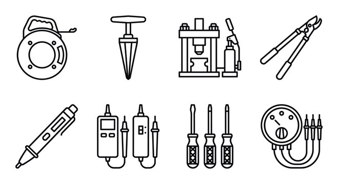 Electrician hand tools and testing equipment icon collection with voltmeter screwdrivers and cutter