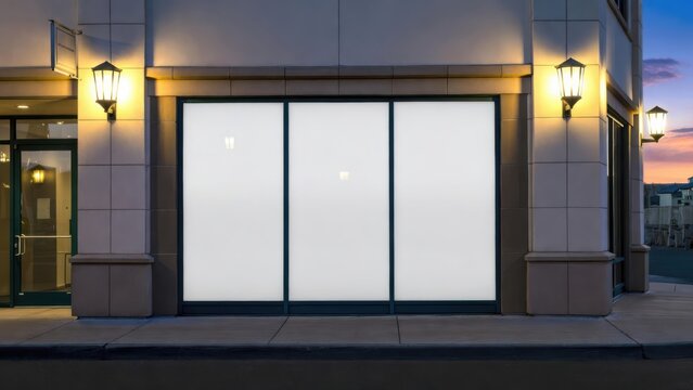 A clean, empty storefront with large windows illuminated by street lamps. The blank windows create an opportunity for branding, signage, or creative display for retail or business purposes.