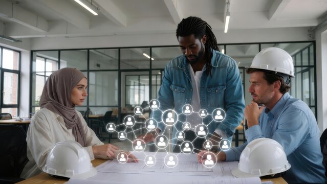 A business professional interacting with a digital interface featuring HR-related icons such as gears, targets, and charts. The image symbolizes the integration of technology in human resources manage