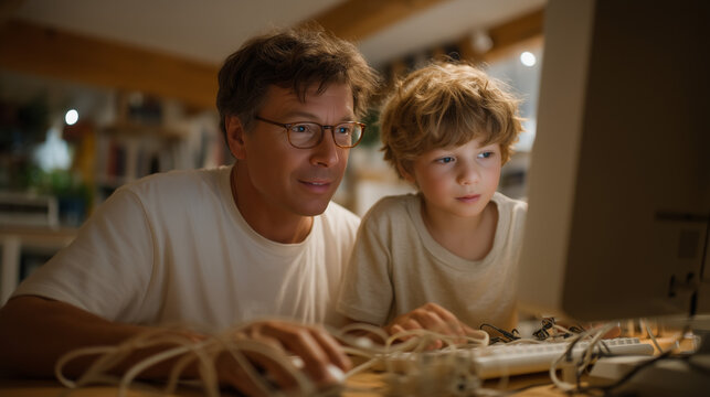 Father explains dial-up internet modem sounds to confused young son using old desktop computer in home office, tangled phone cords visible on wooden desk, perfect for technology evolution, parenting