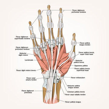 Detailed anatomical illustration of human hand muscles and tendons, labeled with flexor and intrinsic structures, ideal for medical, educational, and scientific use.