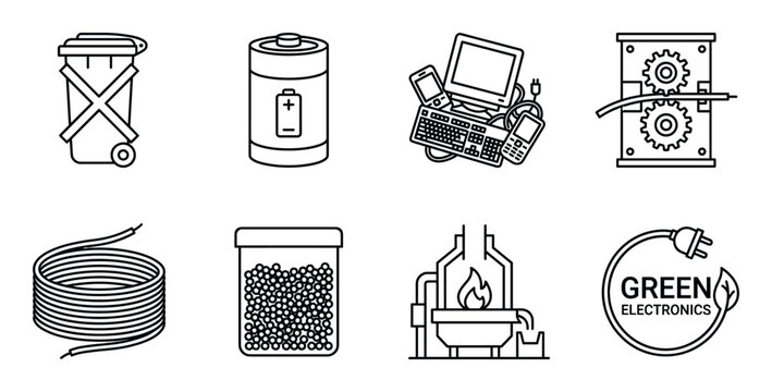 Electronics recycling and sustainable energy icons with waste bin battery furnace and green logo art