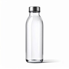 Naklejka premium Clear Glass Water Bottle with Silver Lid on White Background Clean Style