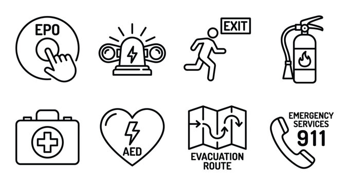 Emergency and safety equipment icons for first aid and evacuation plans