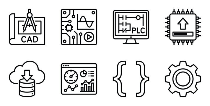 Engineering and technology icons cad software plc control and data visualization