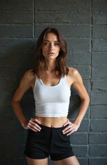 Fototapeta premium Woman stands facing camera hands on hips wearing white tank top and black shorts against dark brick wall. She has brown hair and brown eyes.