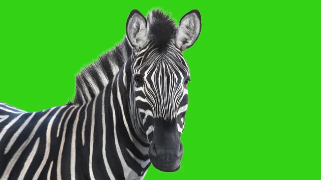 Zebra head portrait on green screen looking at camera. Animated cinemagraph, parallax animation, based on an original photograph.