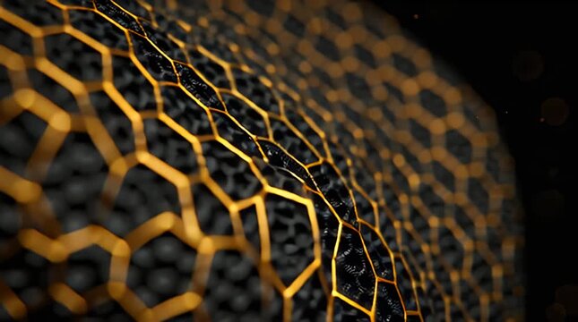 A close-up view reveals a textured surface of dark cells with interconnected golden lines, creating an abstract, glowing pattern