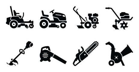 Garden tools set includes lawn mower, riding mower, rototiller, and various hand-held equipment © GoDesigner
