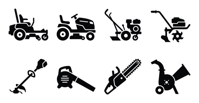 Garden tools set includes lawn mower, riding mower, rototiller, and various hand-held equipment