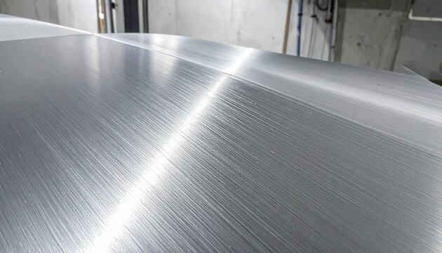 Texture d&eacute;taill&eacute;e d'une plaque d'aluminium bross&eacute; montrant des reflets de lumi&egrave;re sur une surface m&eacute;tallique grise dans un atelier industriel.