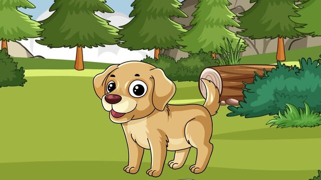 Cartoon Golden Retriever Puppy Standing in a Sunny Forest Clearing