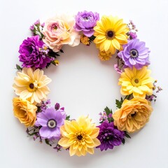Fototapeta premium Floral Wreath with Yellow Purple and Peach Flowers on a White Background