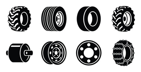 Industrial vehicle wheel types and heavy duty tire icons including tractor rims and snow chain wheels © GoDesigner