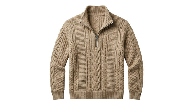 Mens beige cable knit quarter zip sweater